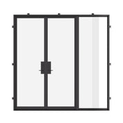Double flat steel doors with right side window panel.