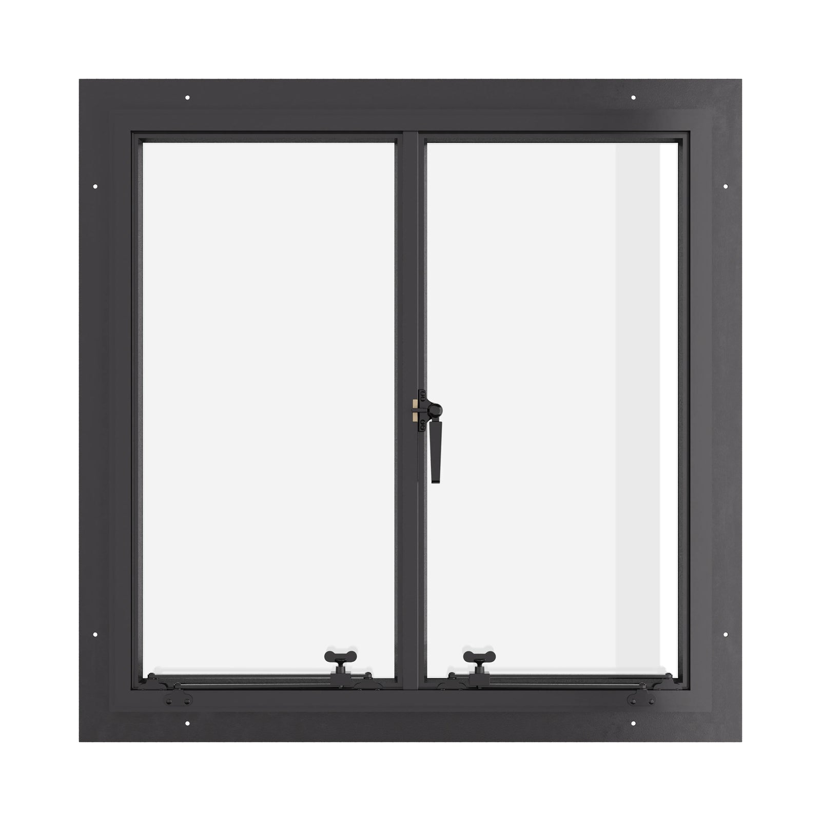Thermally broken double casement steel window, square, cold-rolled steel, black, dual pane Low-E glass