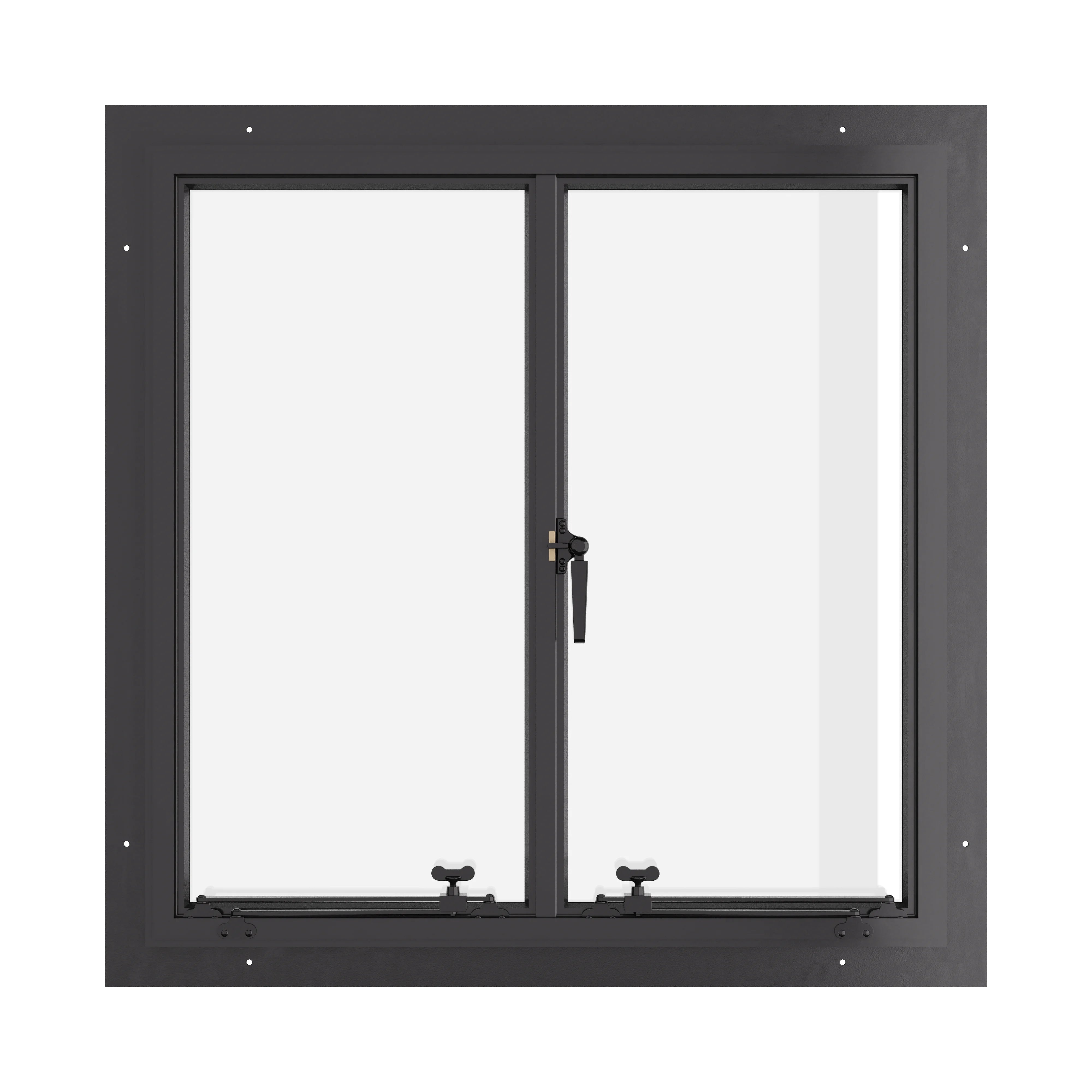 Thermally broken double casement steel window, square, cold-rolled steel, black, dual pane Low-E glass
