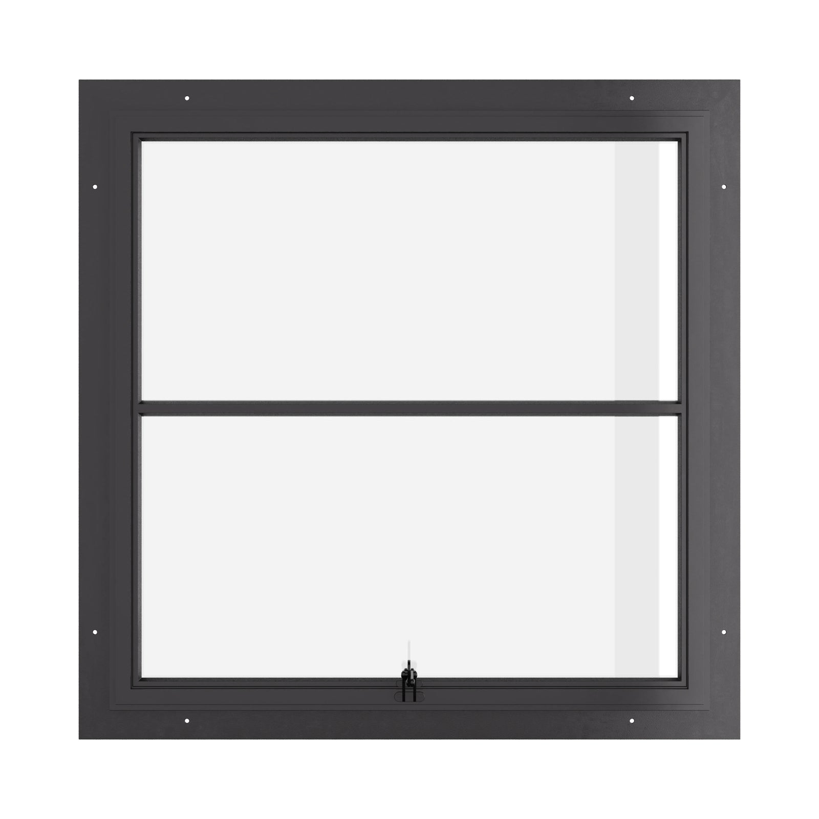 Awning steel window, square, 0V 1H grid, ring pull, hot-rolled steel, black, dual pane Low-E glass
