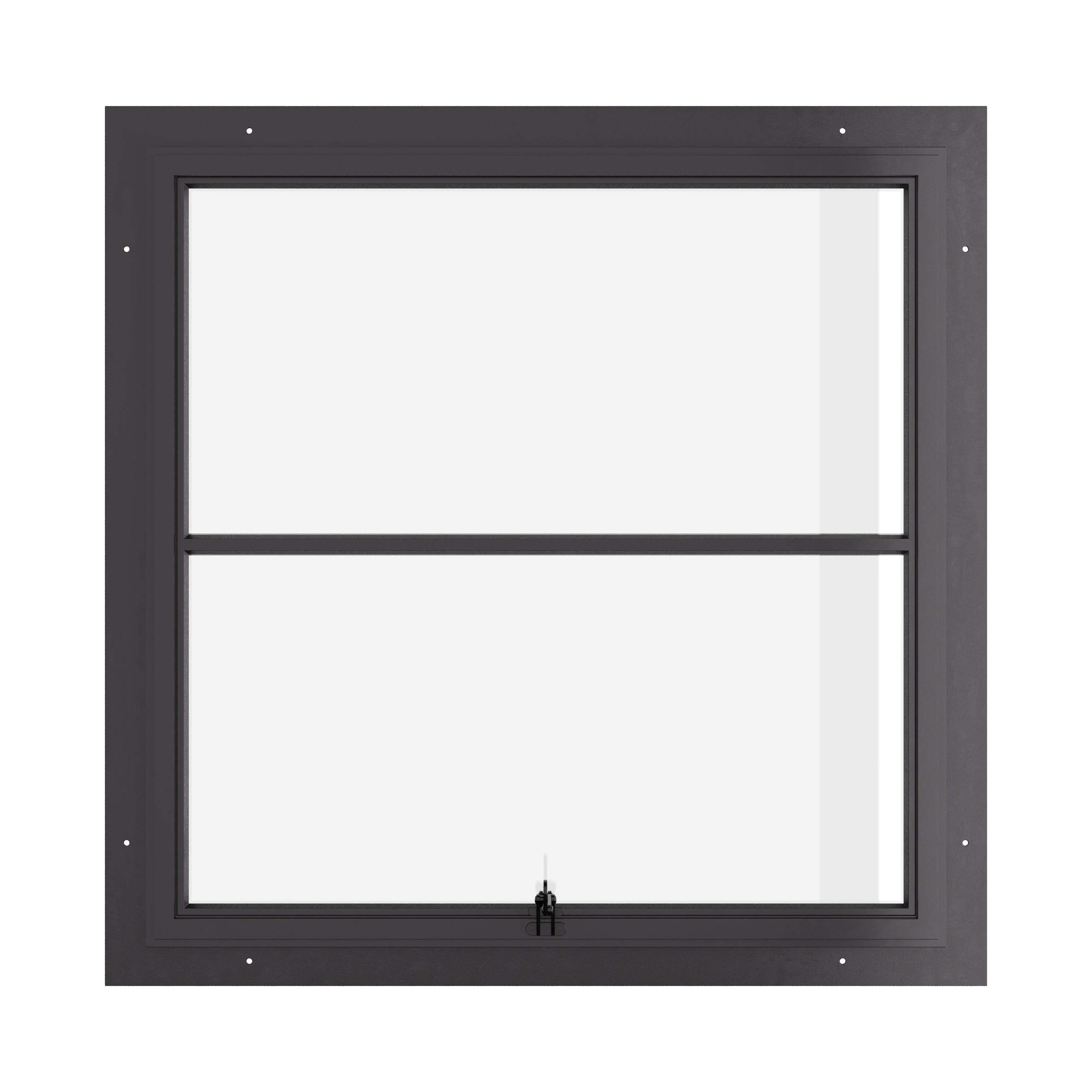 Awning steel window, square, 0V 1H grid, ring pull, hot-rolled steel, black, dual pane Low-E glass