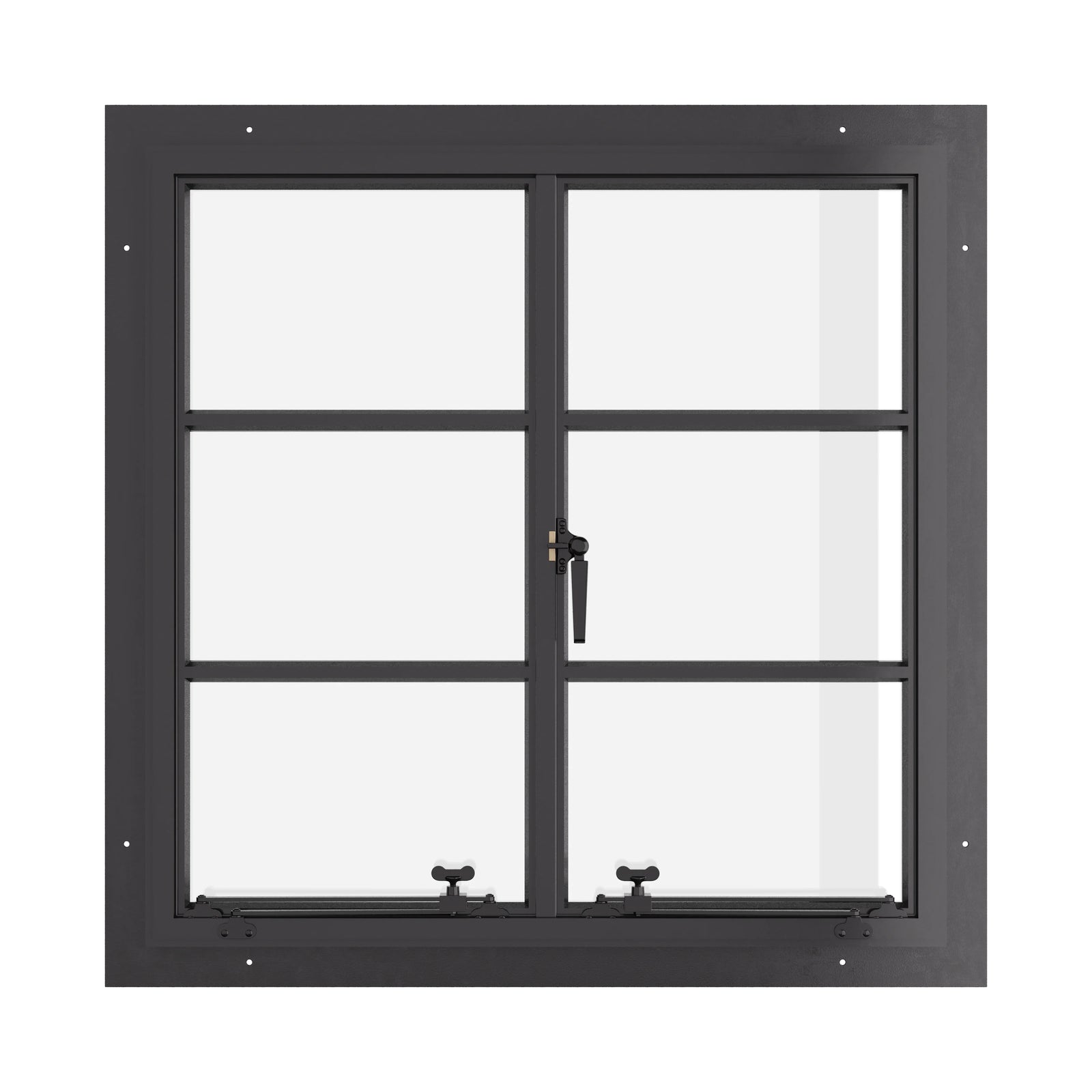 Thermally broken steel double casement window, square, dual pane Low-E glass