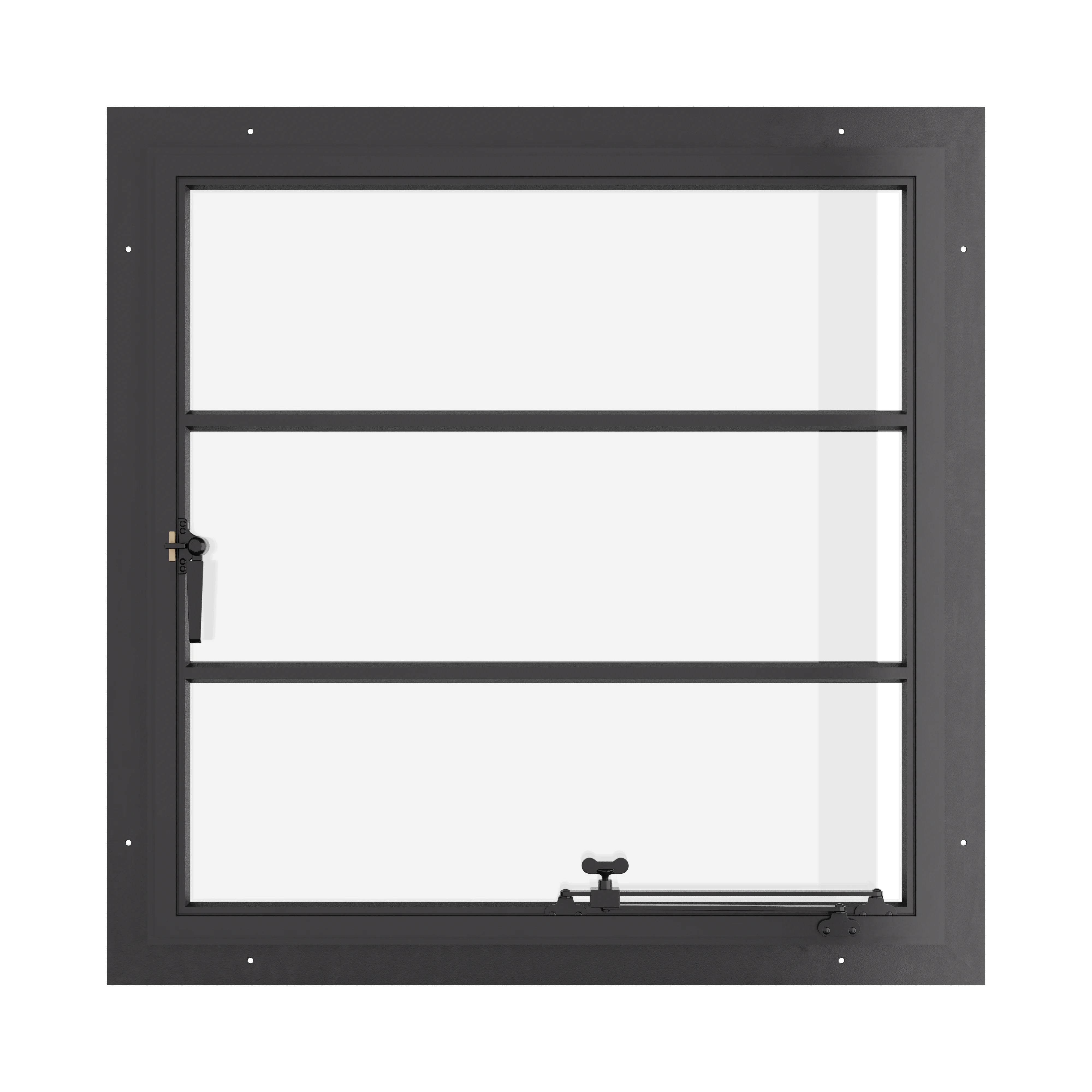 Square double casement steel window with horizontal mullions and Low-E glass