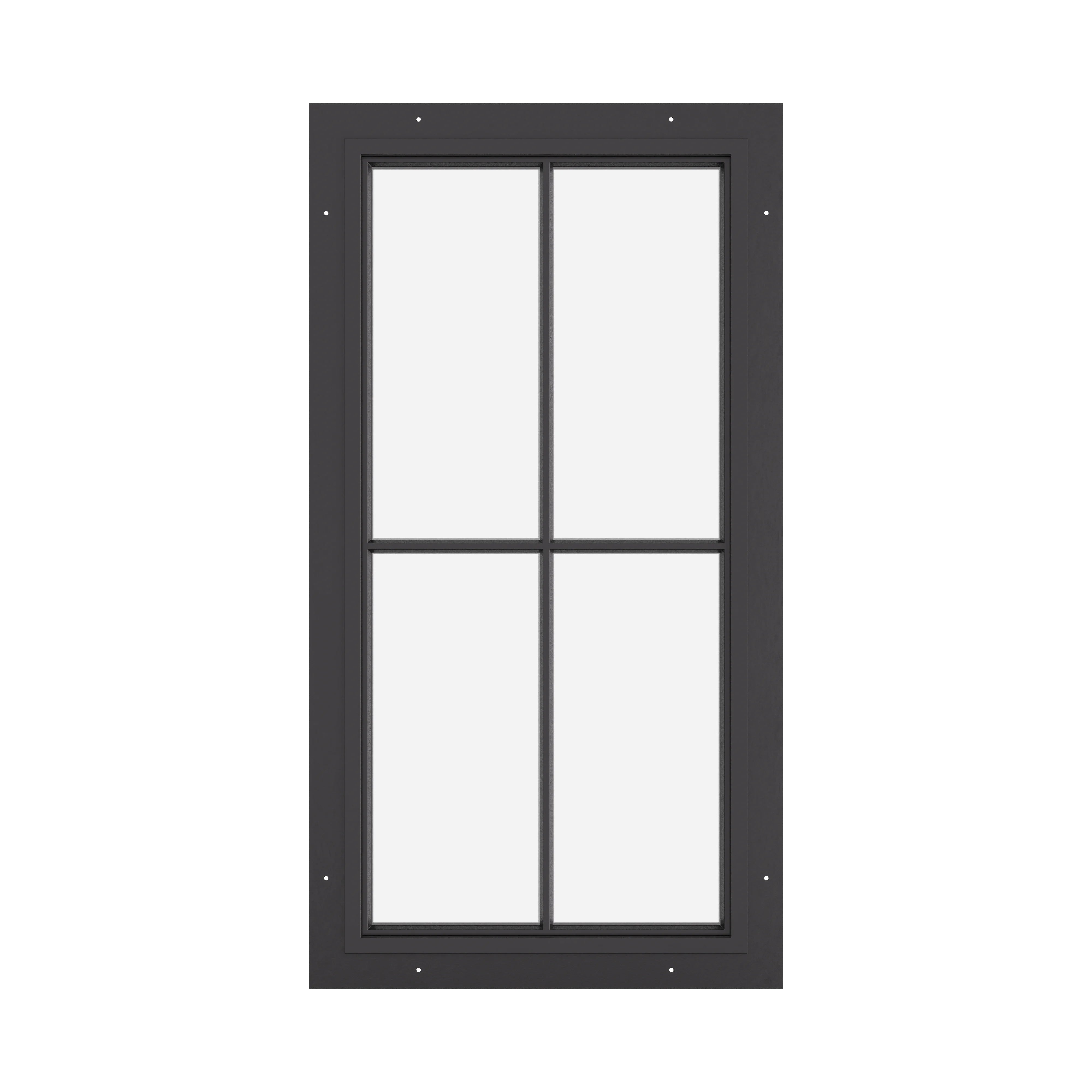 vertical steel window with cross grid pattern and slim profile