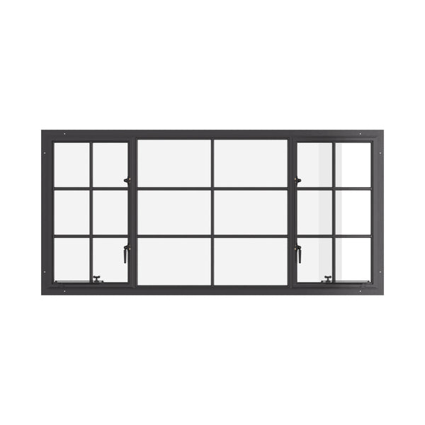 Dual single casement steel window, 1V 2H grid, hot-rolled steel, black finish, Low-E glass