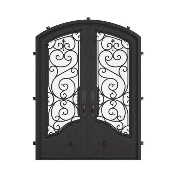 Beverly black colored arched top metal entry door with thermal break and glass.
