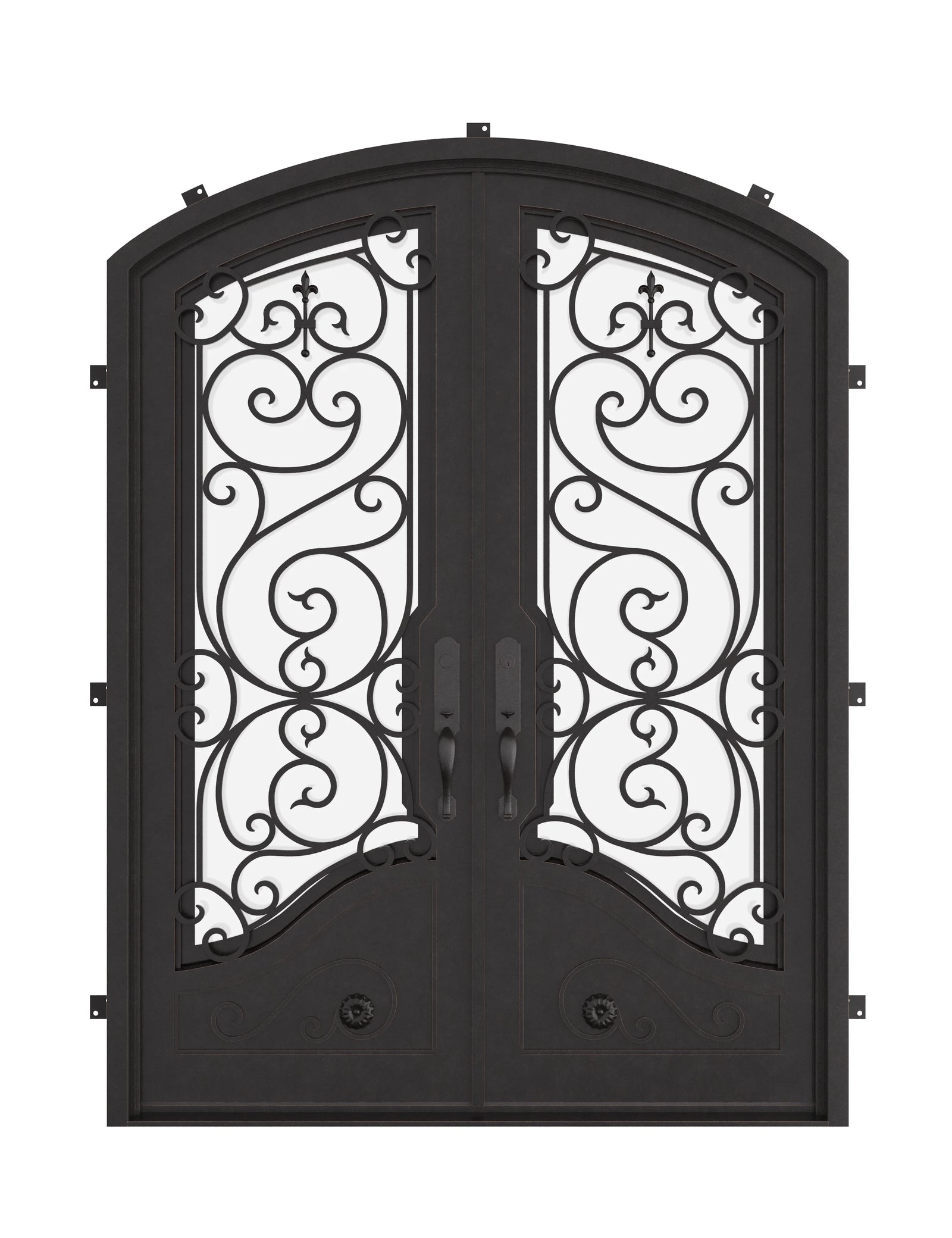 Beverly iron door in bronze hue with arch top.