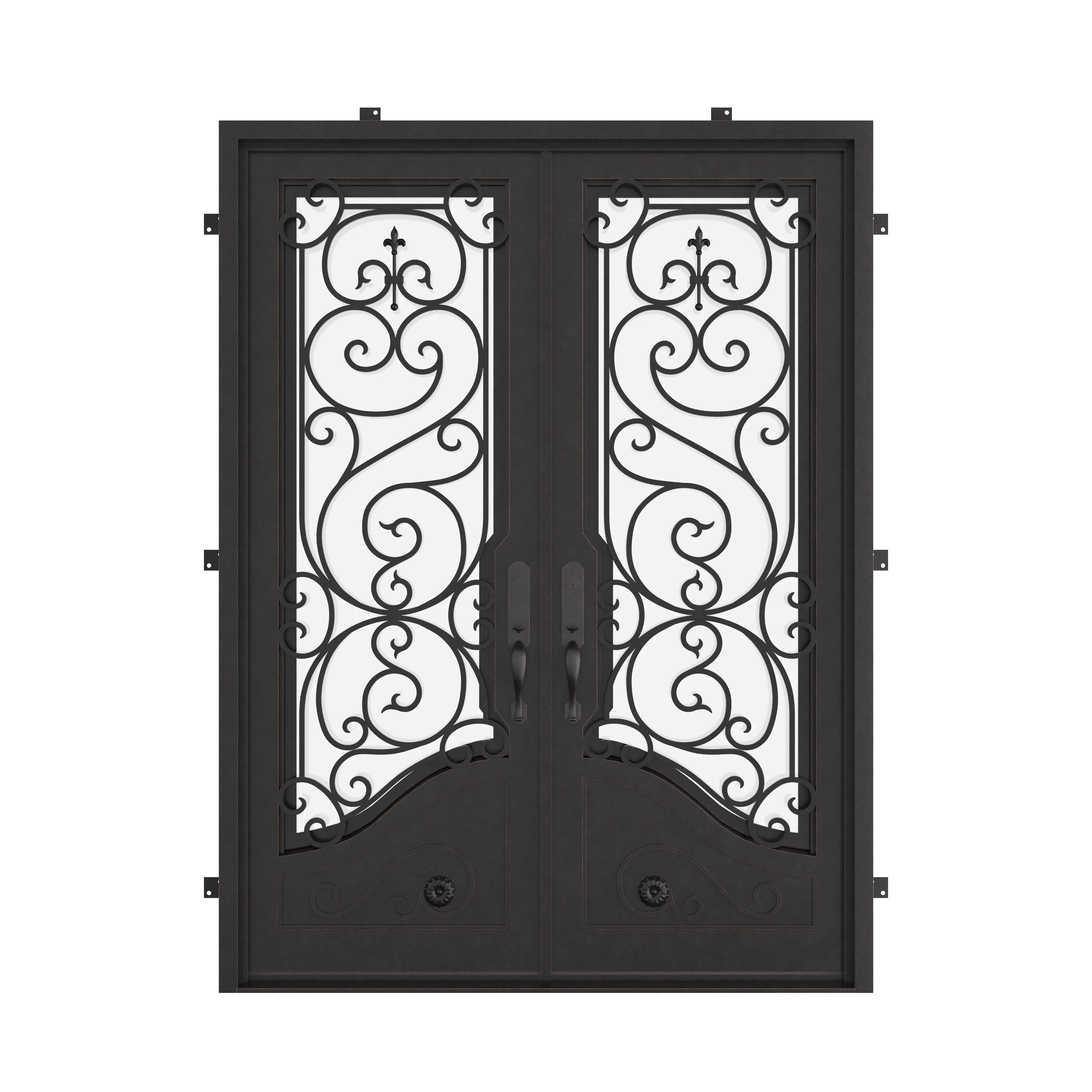 Beverly bronze color metal double square top door with decorative metalwork.