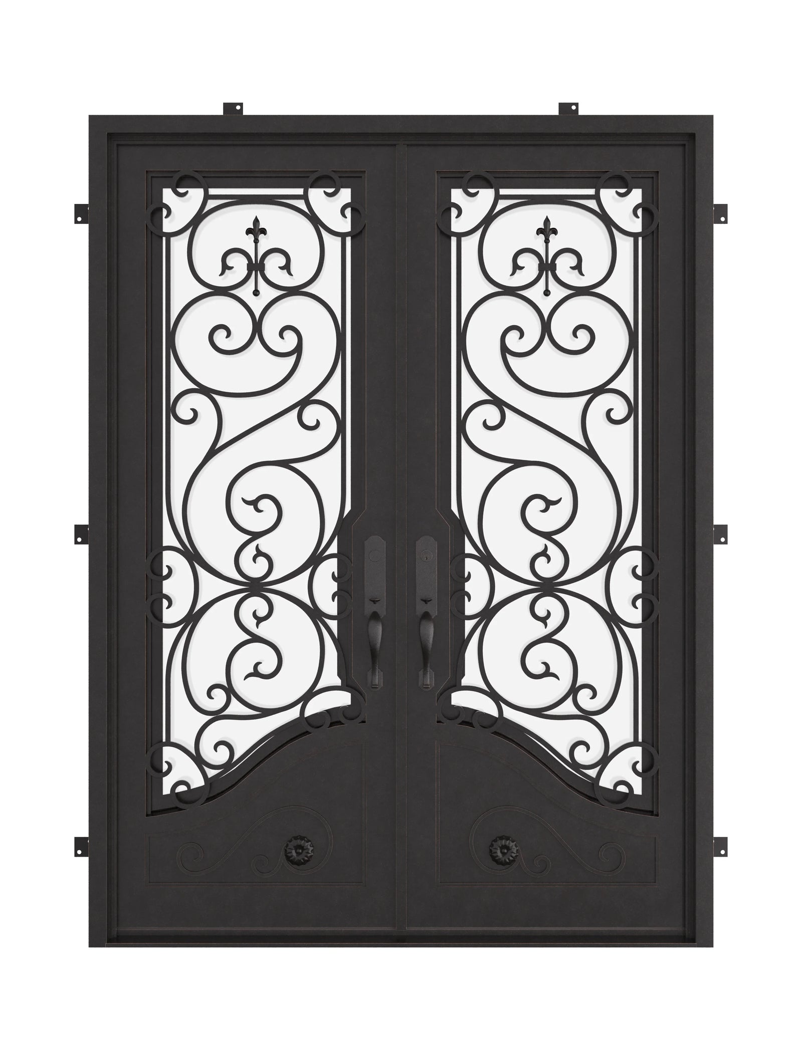 Beverly black iron double flat door with decorative scrollwork.