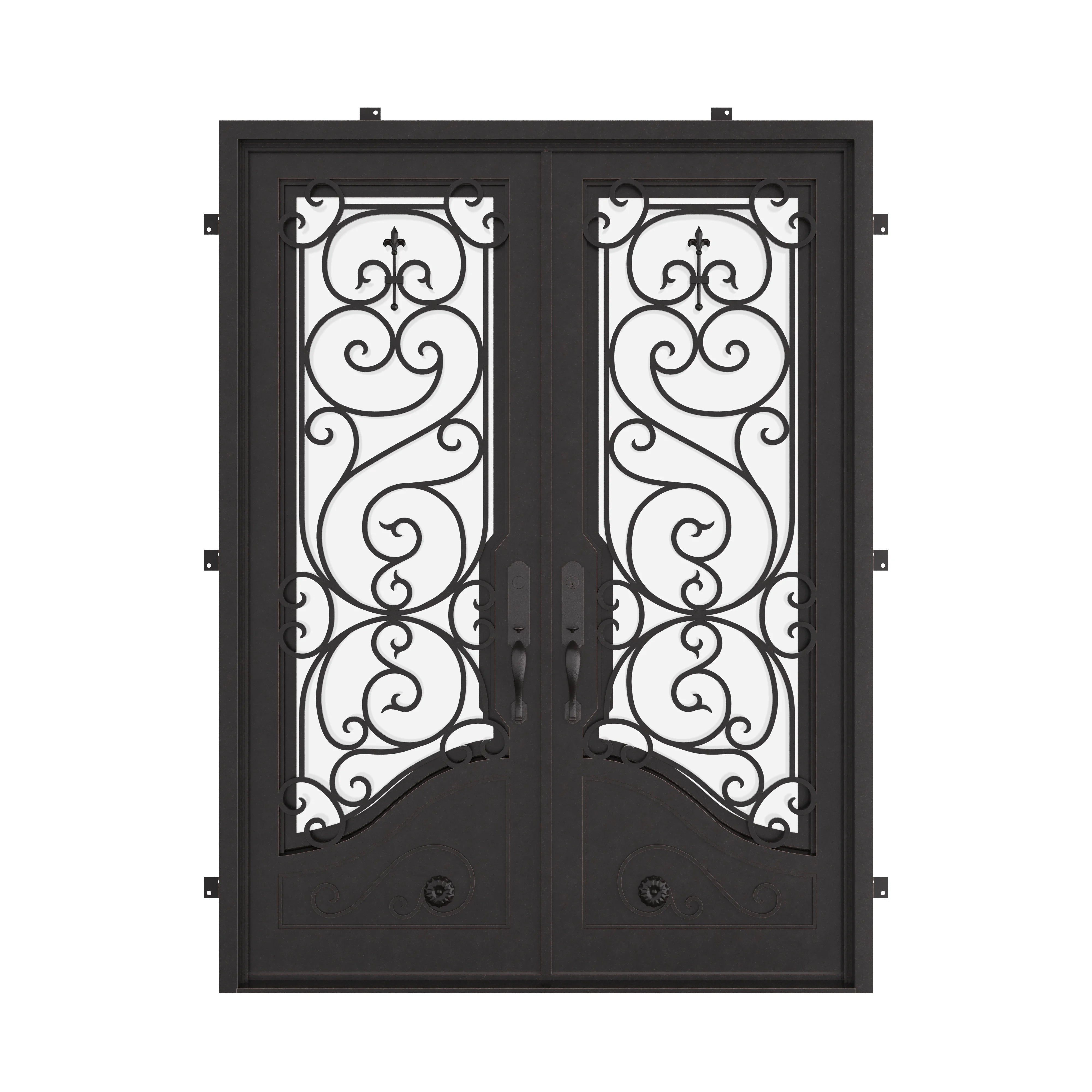 Beverly black iron double flat door with decorative scrollwork.
