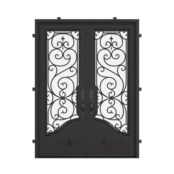 Beverly black iron double flat door with decorative scrollwork.