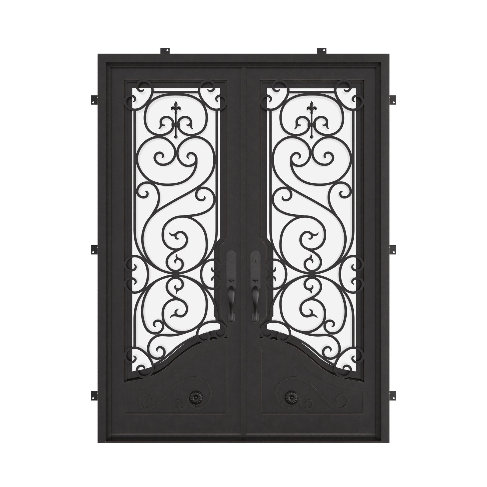 Beverly black iron double door with square top and dual-pane tempered glass.