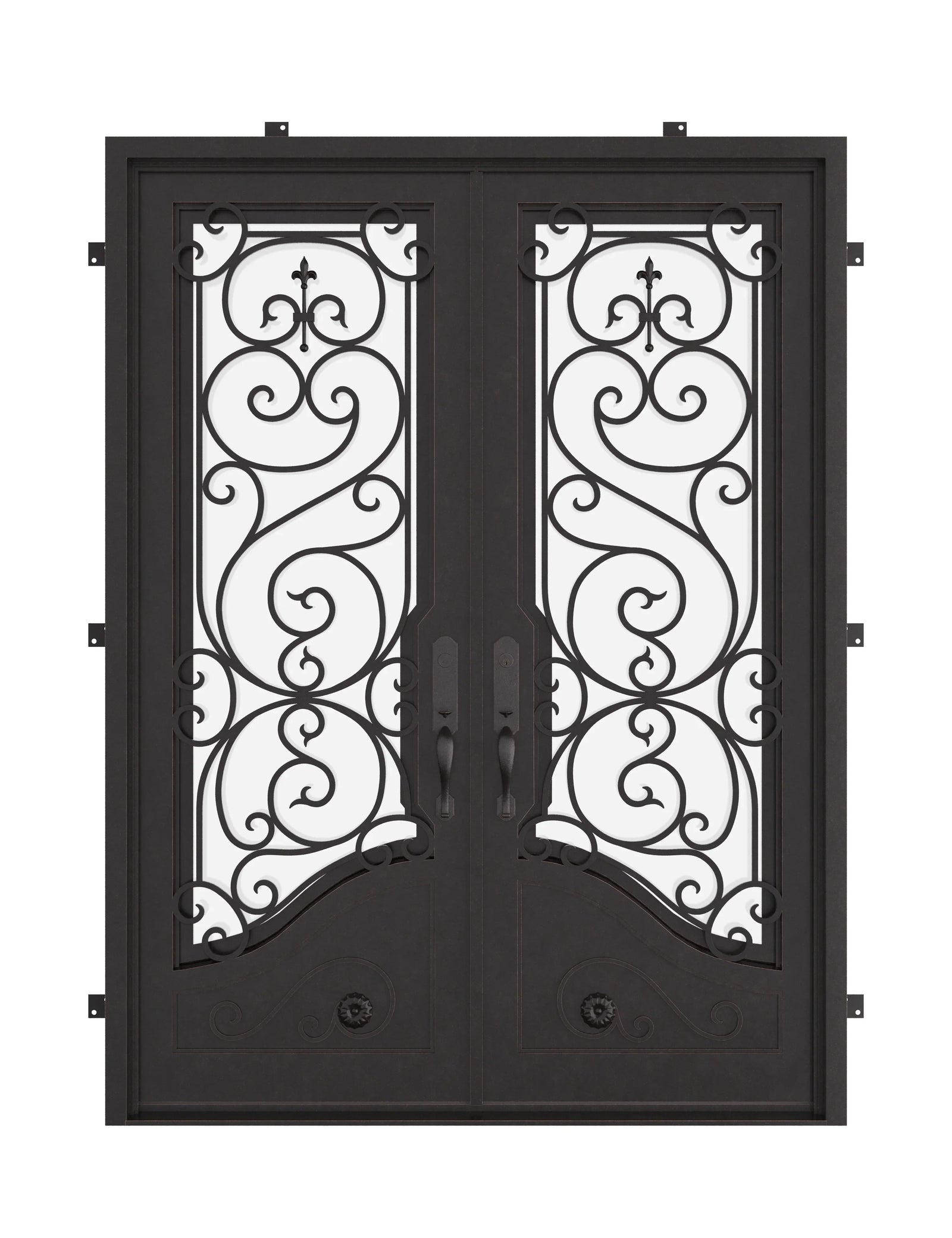 Beverly black iron double door with square top and dual-pane tempered glass.