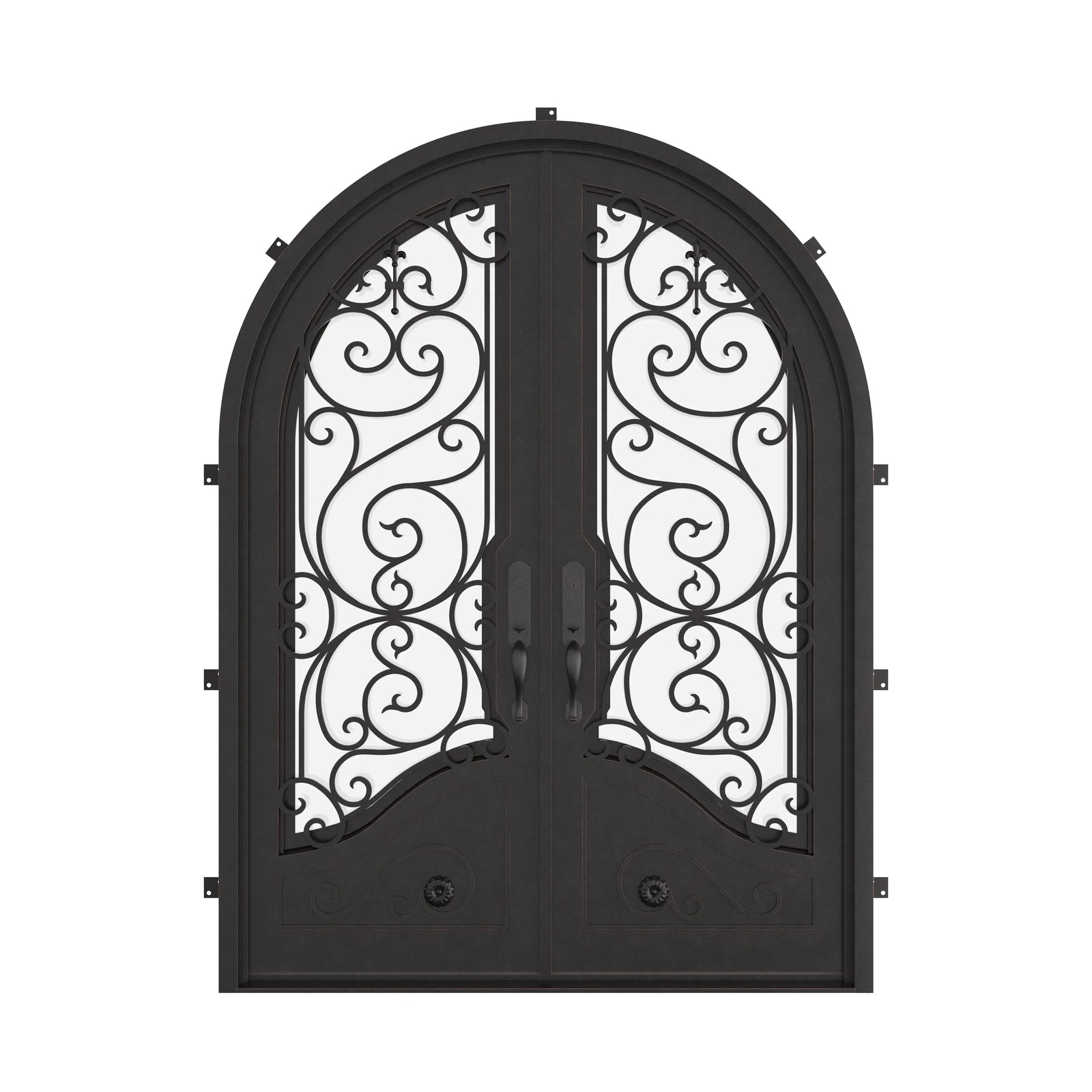 Beverly bronze colored radius top iron double door thermally broken.