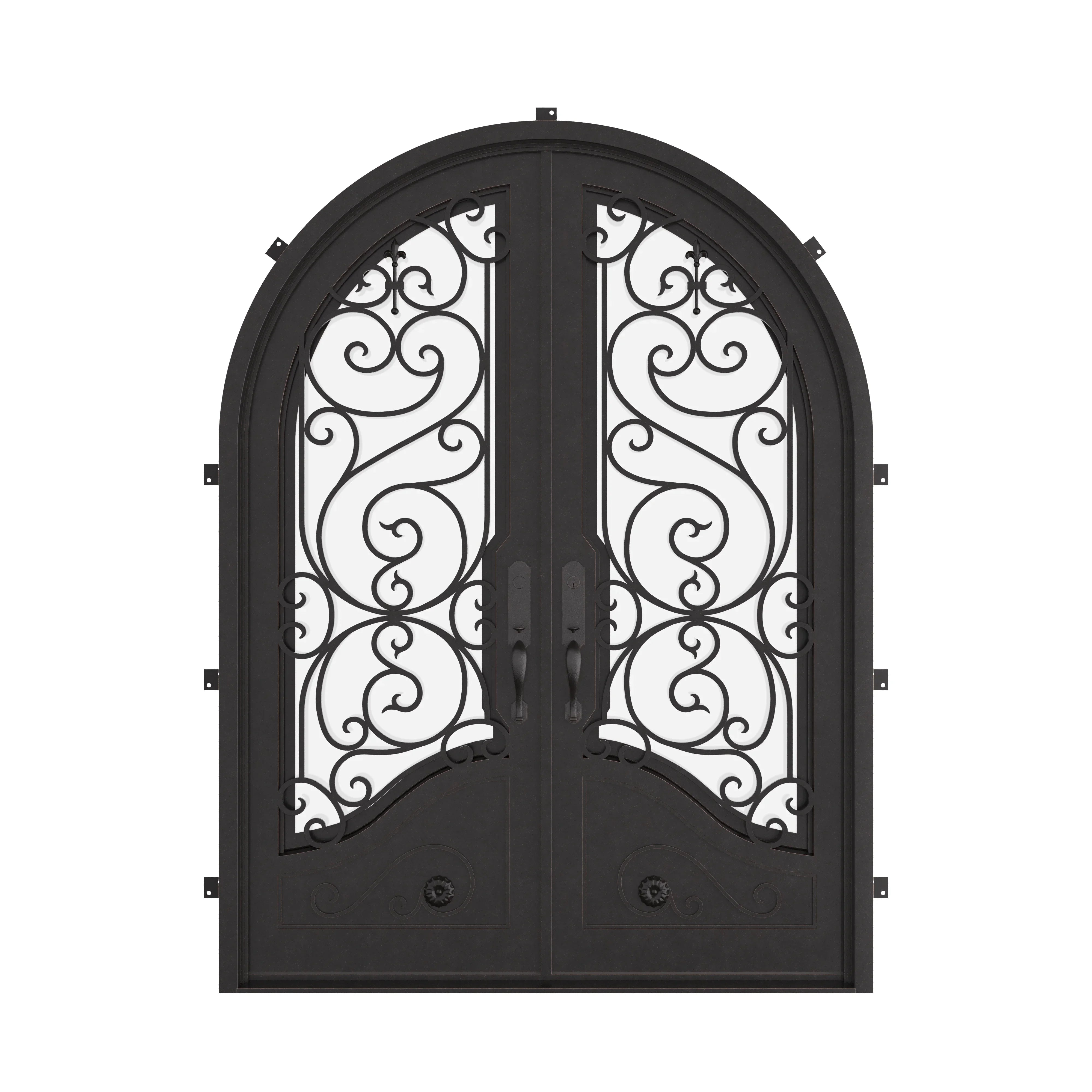 Beverly french round top hinged door with hand forged metalwork and dual-pane glass.