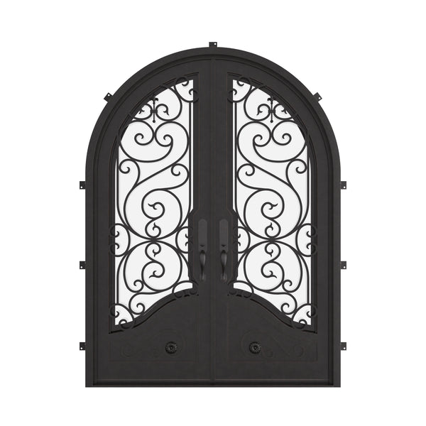 Beverly round top iron double door with clear glass.
