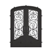 Beverly bronze color arched top iron double door with efficient glass.