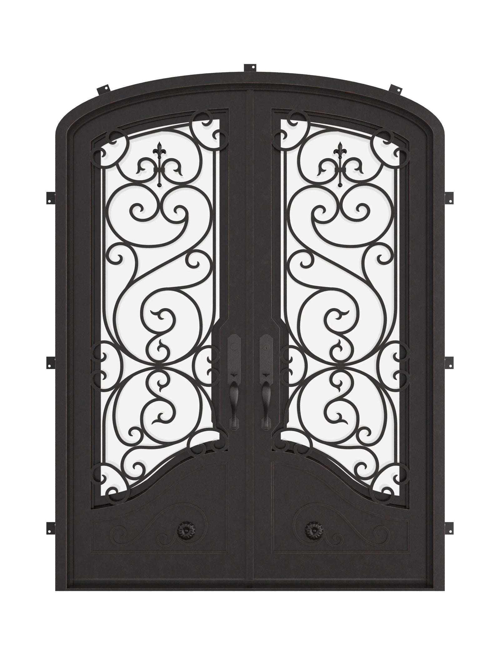 Beverly bronze color arched top iron double door with efficient glass.