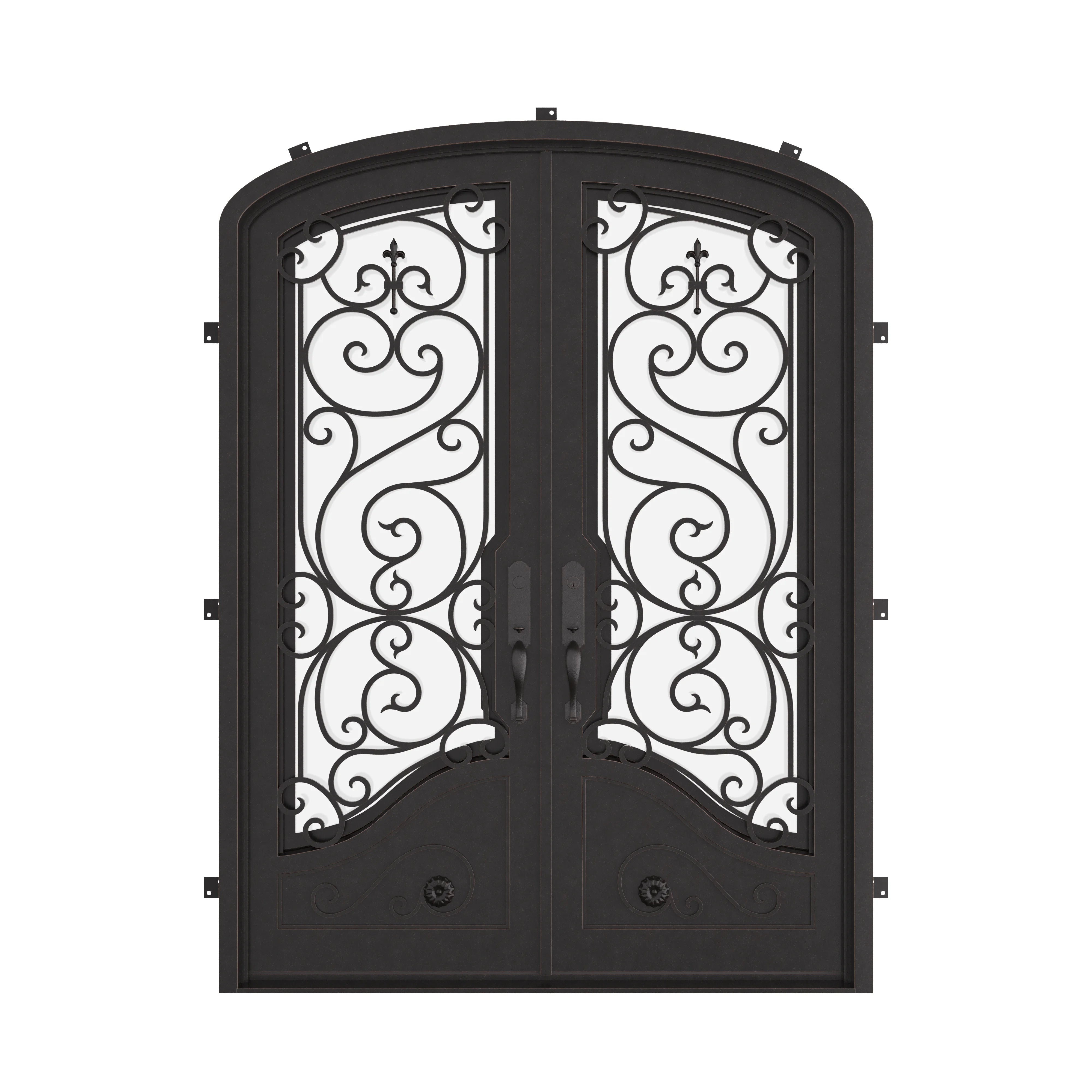 Beverly bronze color arched top iron double door with efficient glass.