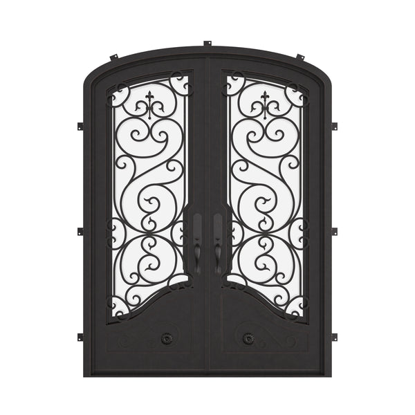 Beverly bronze color arched top iron double door with efficient glass.
