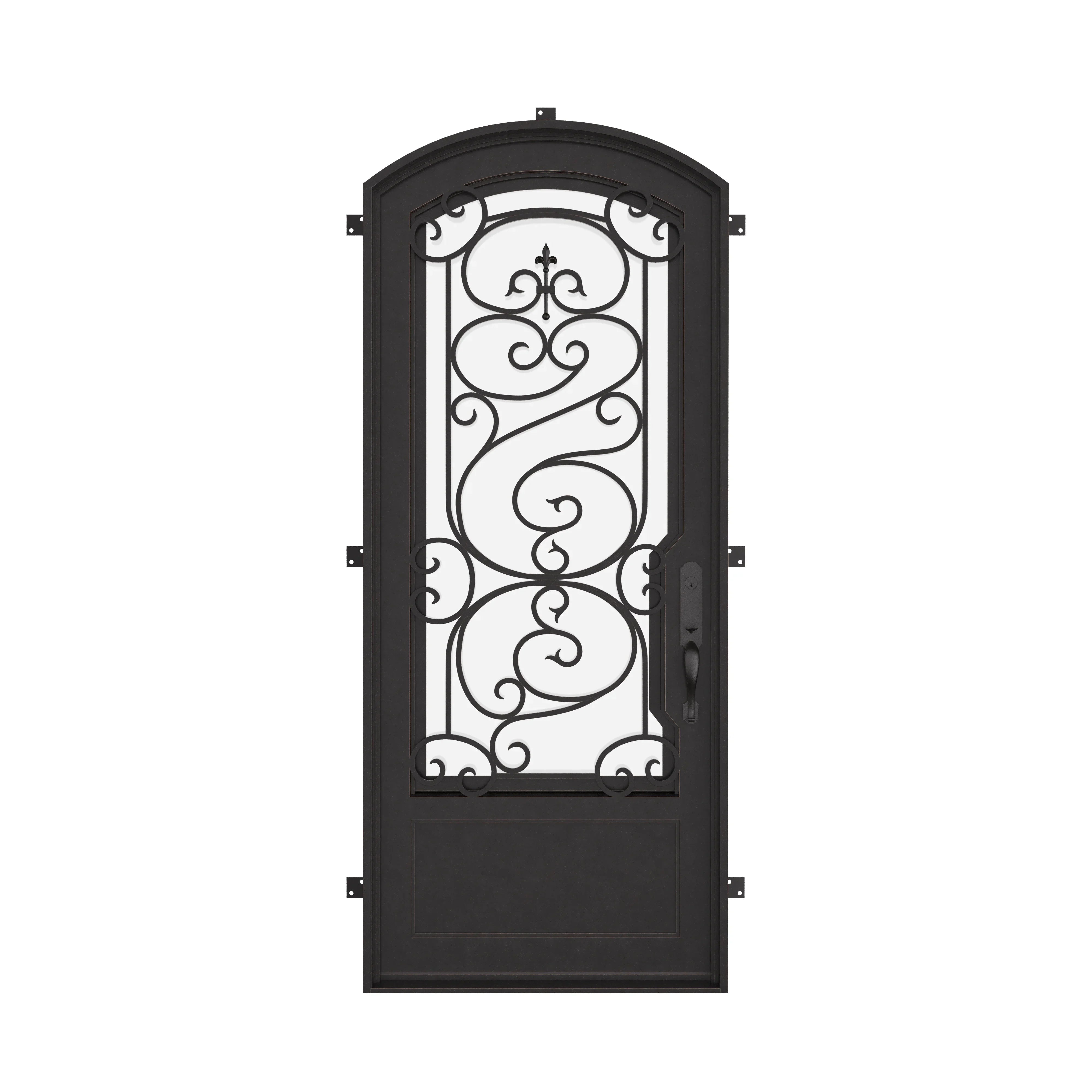 Beverly bronze color exterior iron arch top door with double glass.