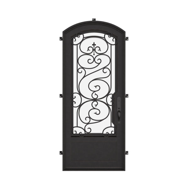 Beverly bronze color exterior iron arch top door with double glass.