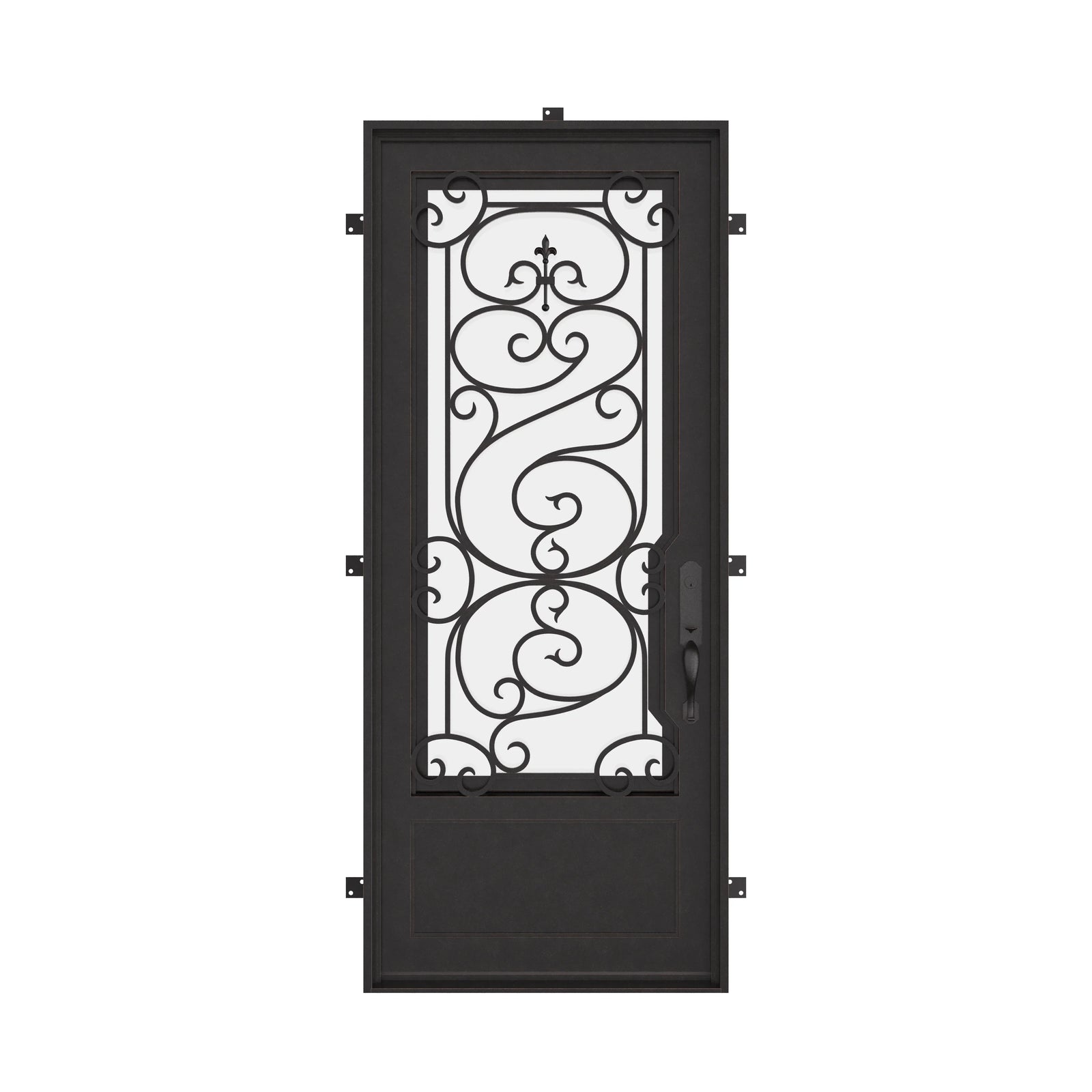 Beverly Single flat top door with tempered glass and ornate scrollwork.