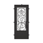 Beverly Single flat top door with tempered glass and ornate scrollwork.