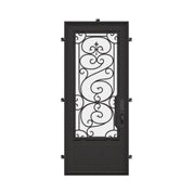 Beverly Single flat top entry door with double-pane tempered glass and ironwork.