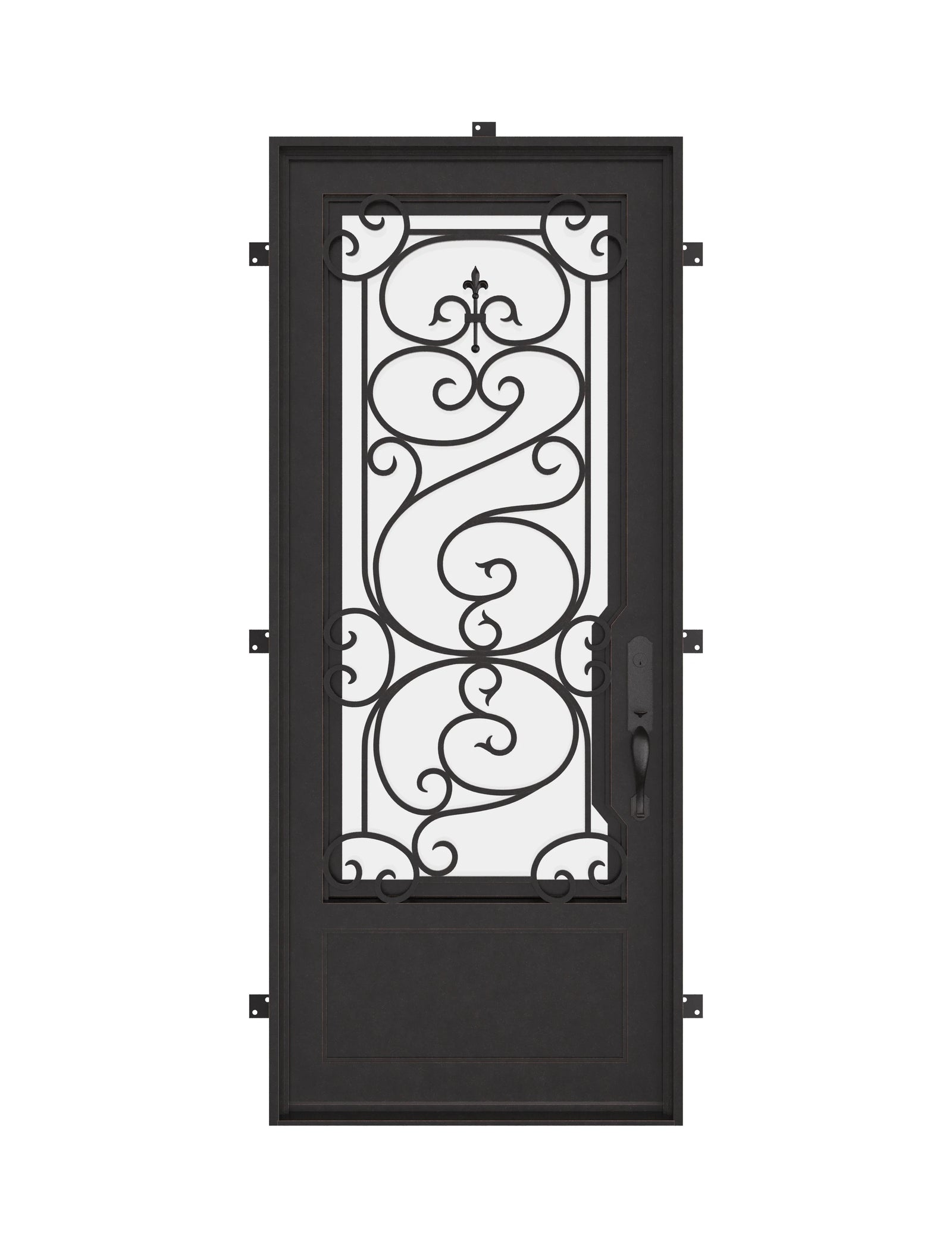 Beverly Single flat top entry door with double-pane tempered glass and ironwork.