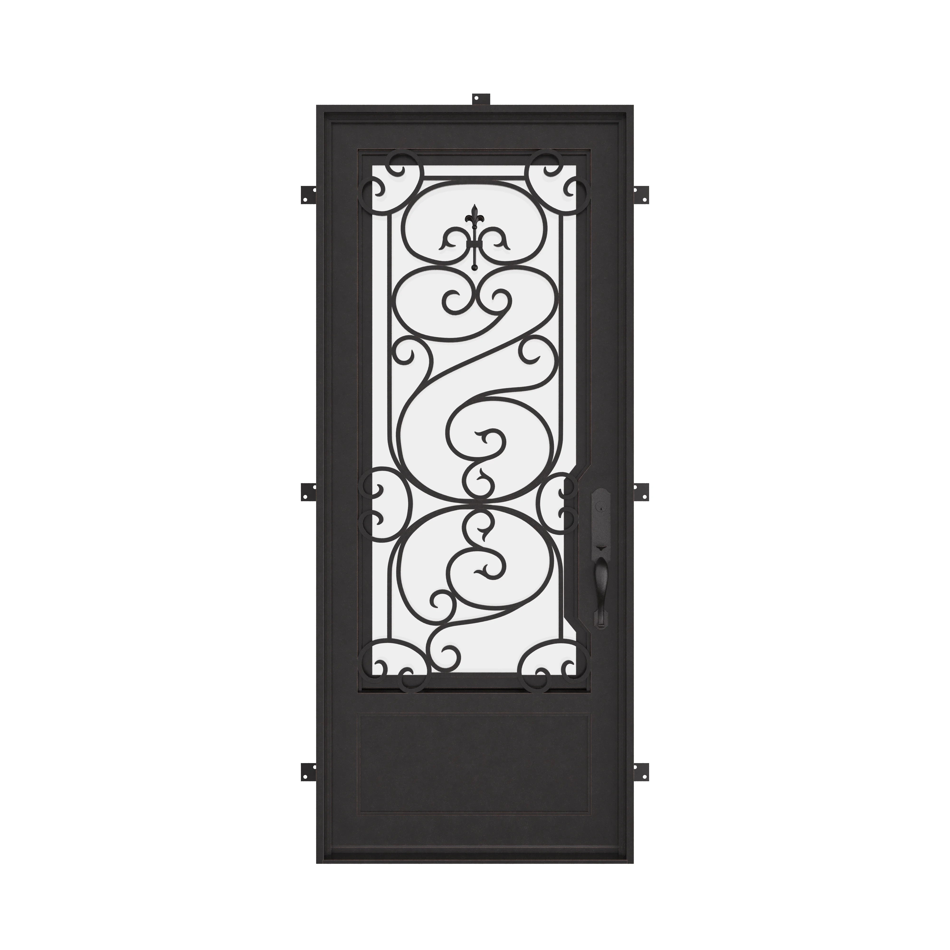 Beverly Single flat top entry door with double-pane tempered glass and ironwork.