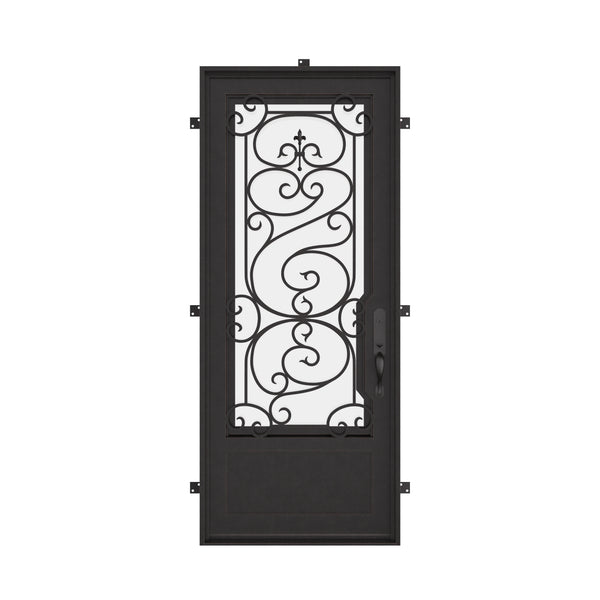 Beverly Single flat top entry door with double-pane tempered glass and ironwork.