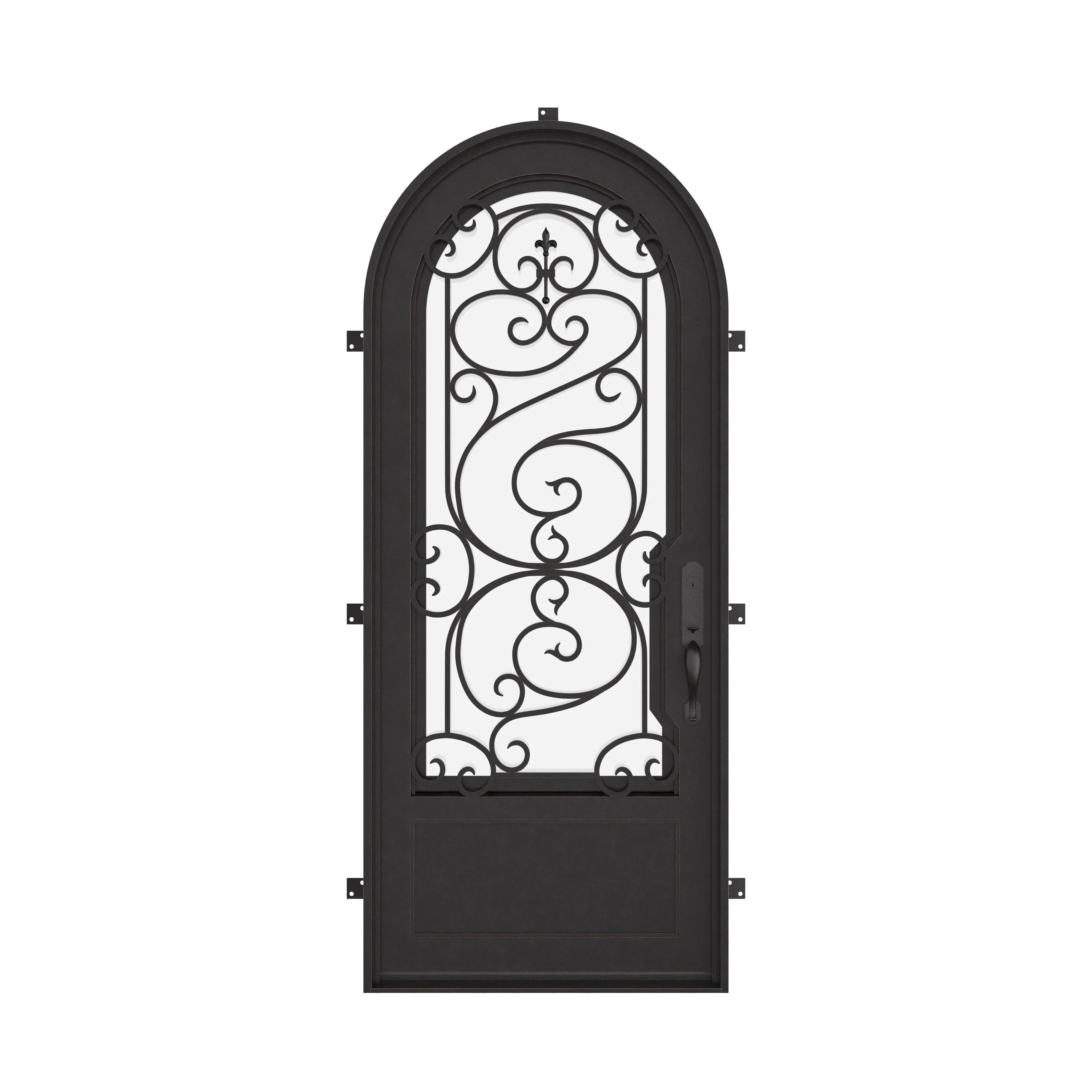 Beverly single full arch top door with decorative scrollwork and thick glass.