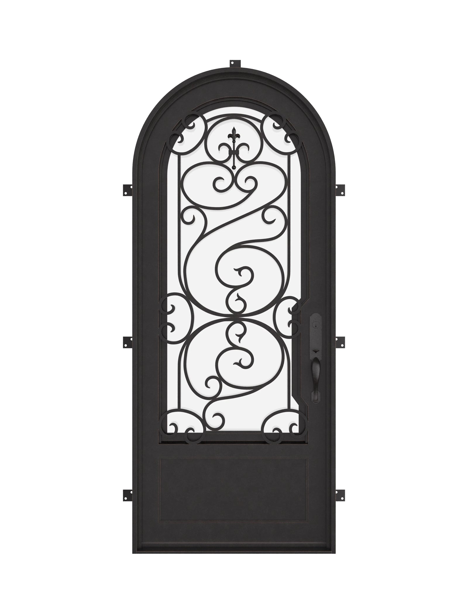 Beverly single round top hinged door with thick dual-pane glass.