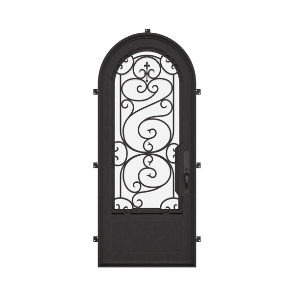 Beverly single round top hinged door with thick dual-pane glass.