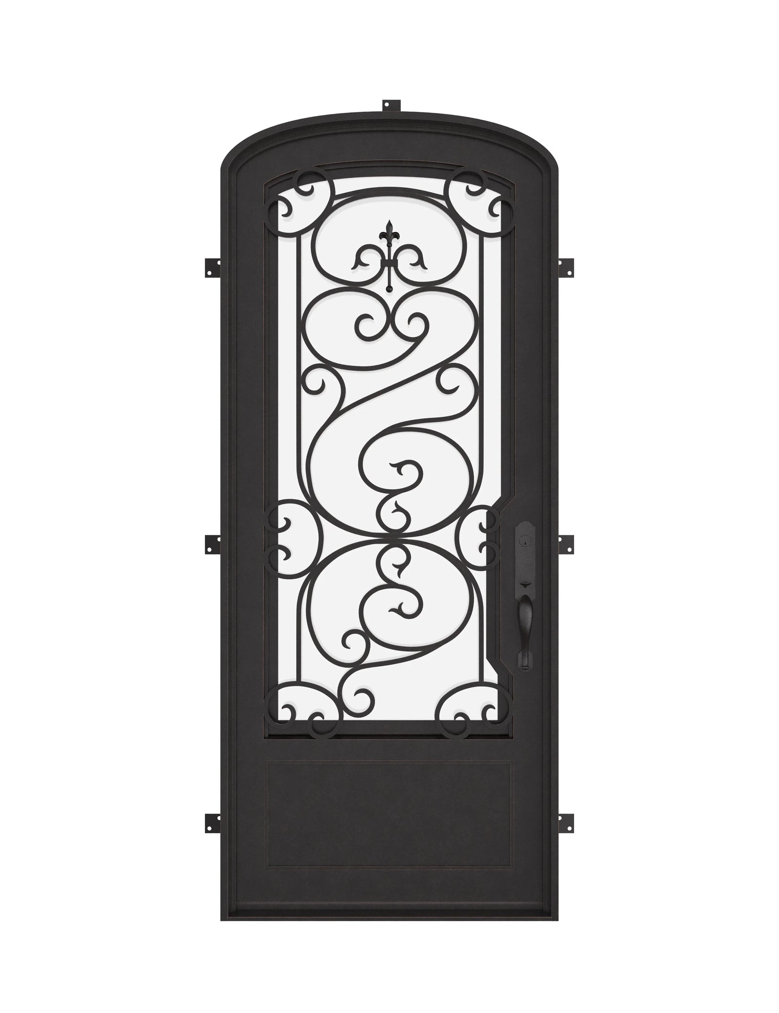 Beverly mini arch top single iron door with tempered glass in black color.
