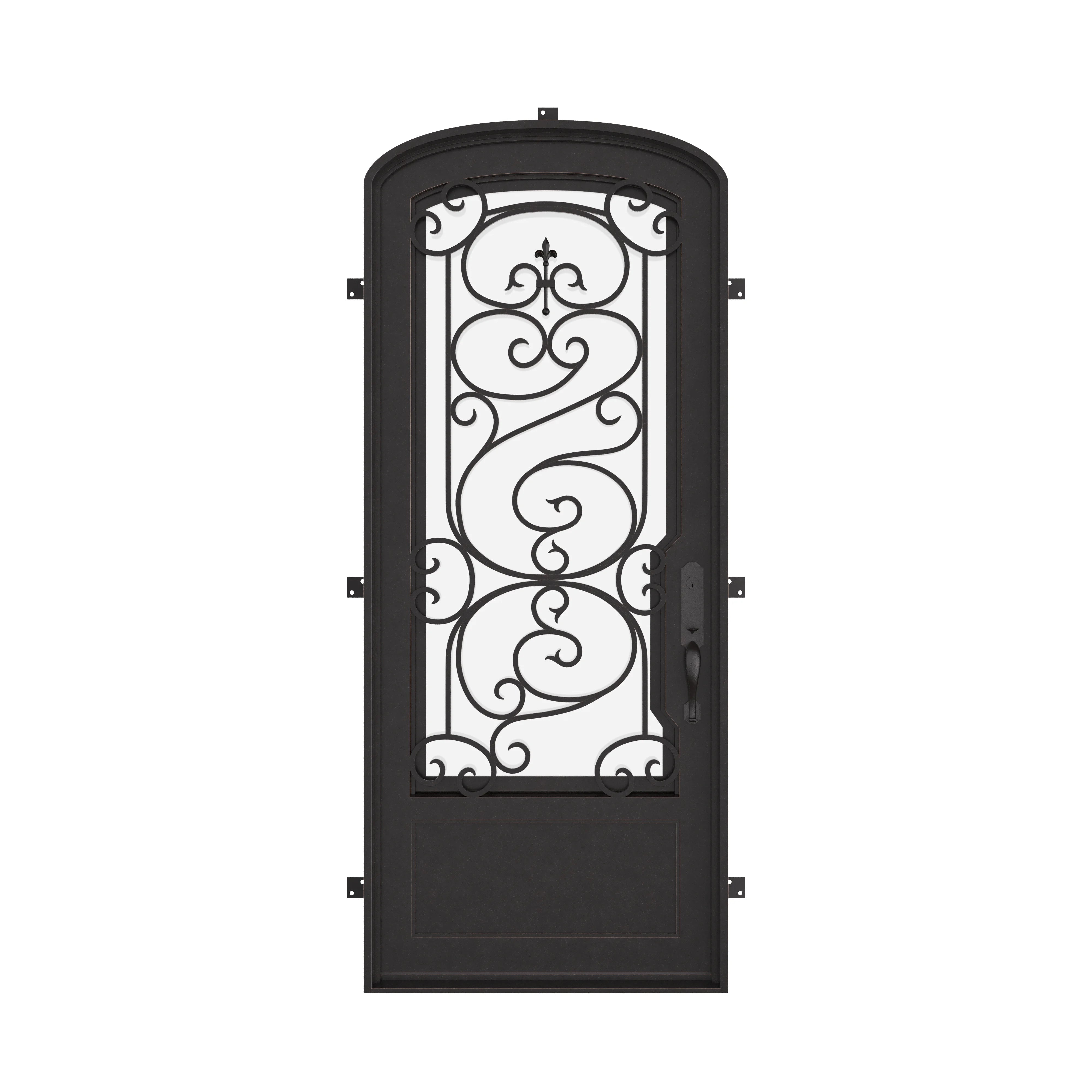 Beverly mini arch top single iron door with tempered glass in black color.