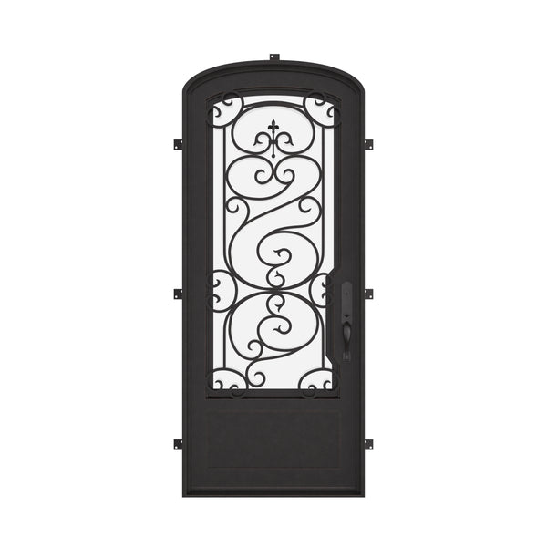 Beverly mini arch top single iron door with tempered glass in black color.
