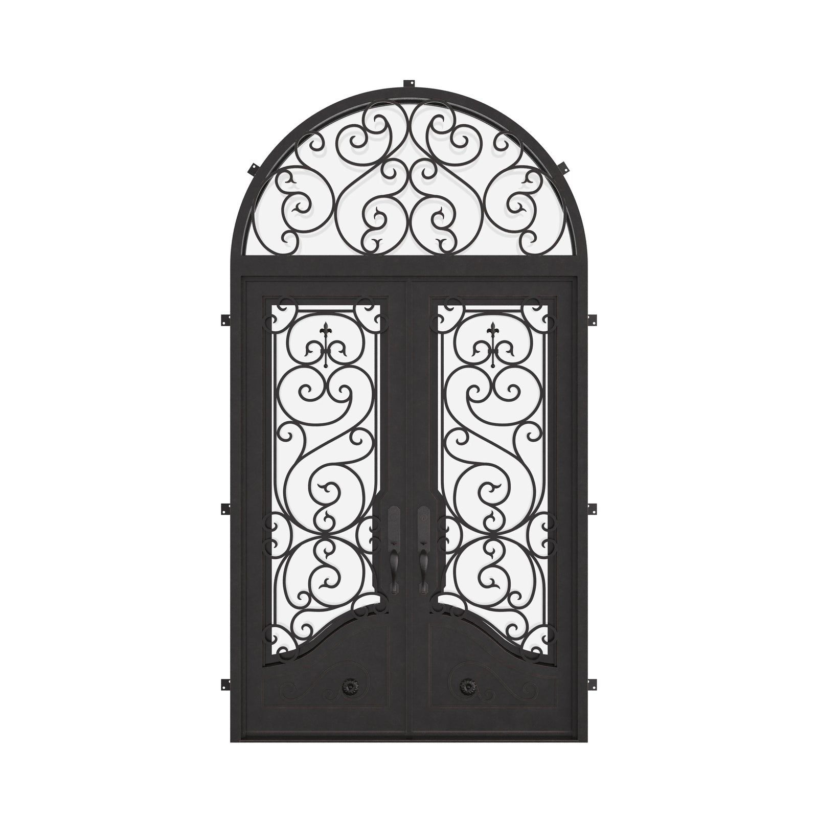 Beverly double flat swing door with radius top transom in black color.