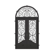 Beverly double flat swing door with radius top transom in black color.