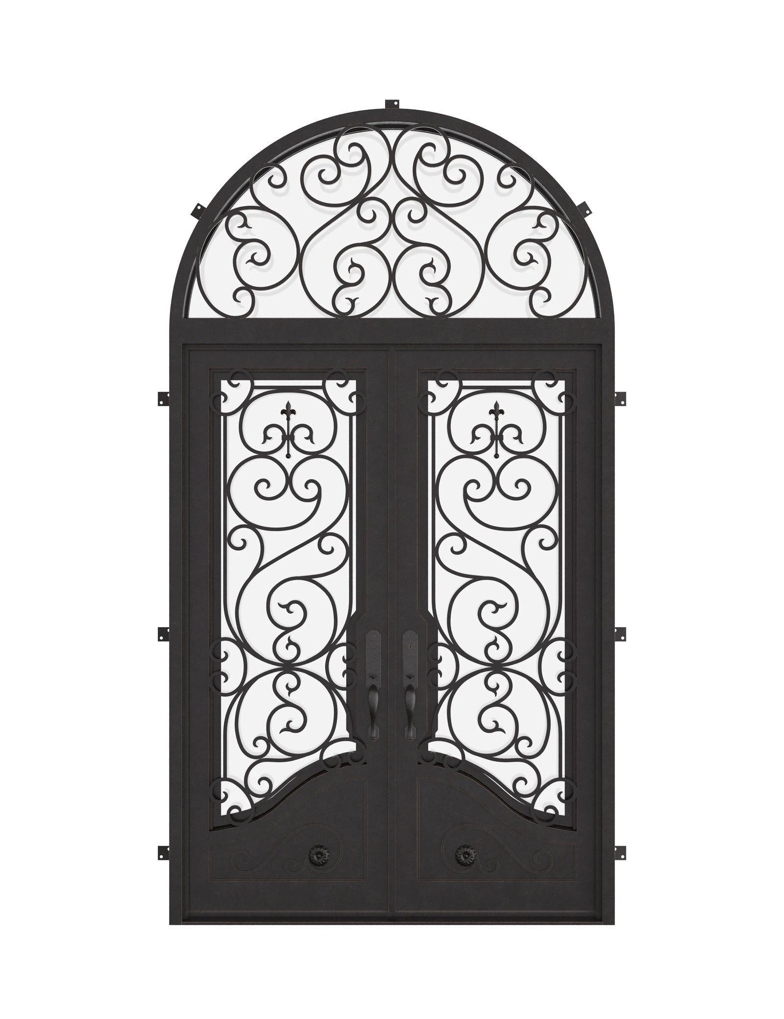 Beverly double flat swing door with radius top transom in black color.