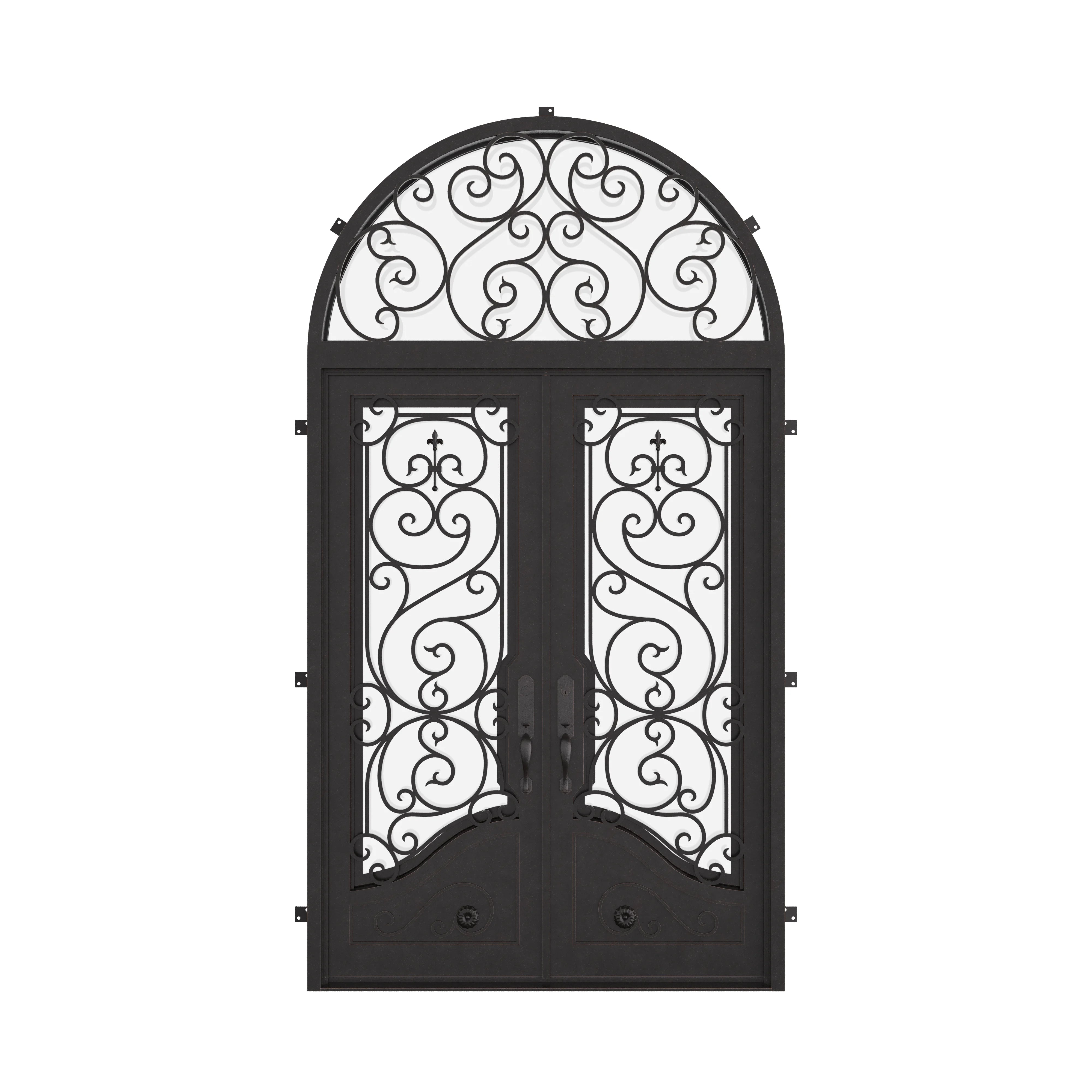 Beverly double flat swing door with radius top transom in black color.