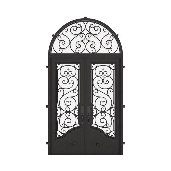 Beverly double flat swing door with radius top transom in black color.