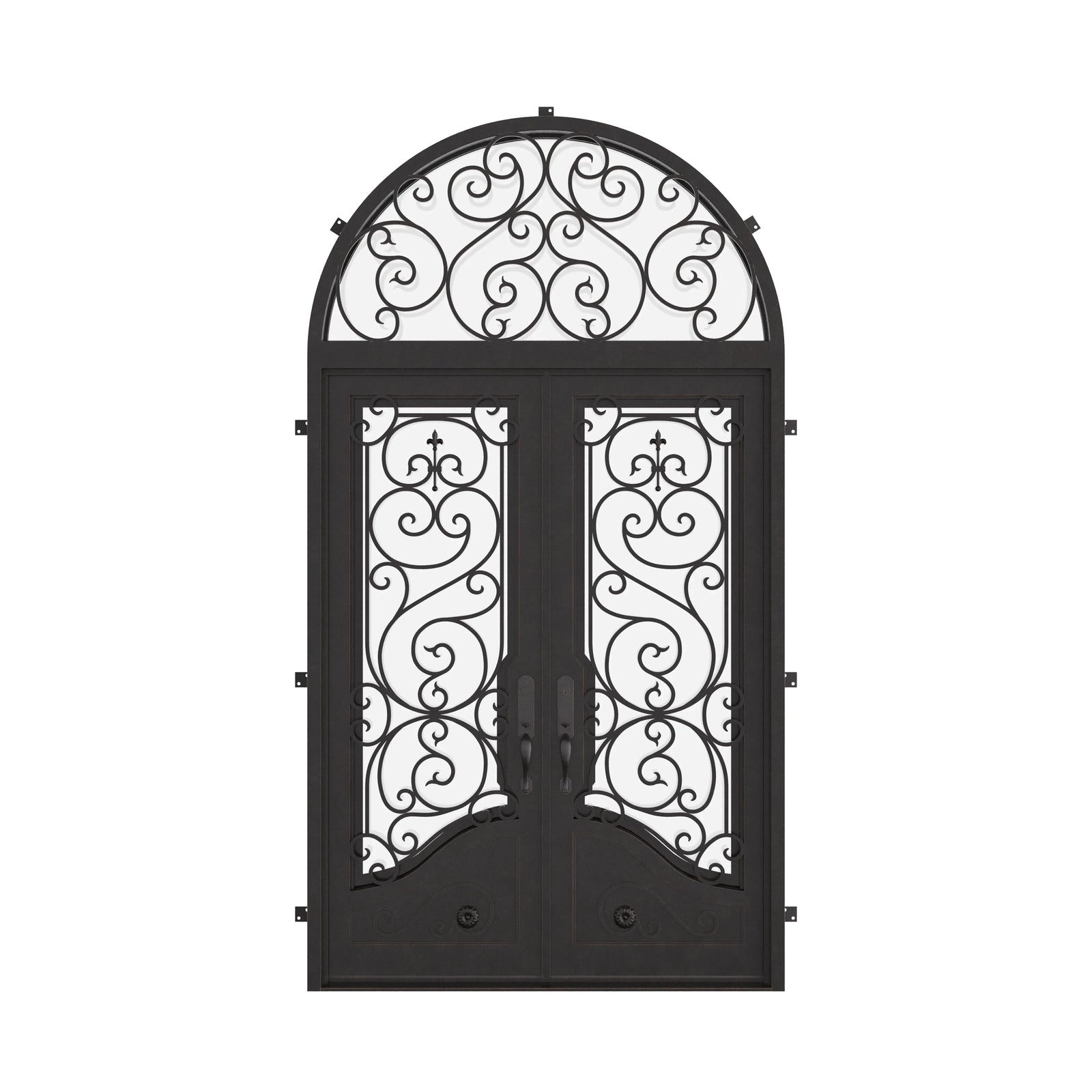 Beverly double exterior hinged door with full arch top transom in black.