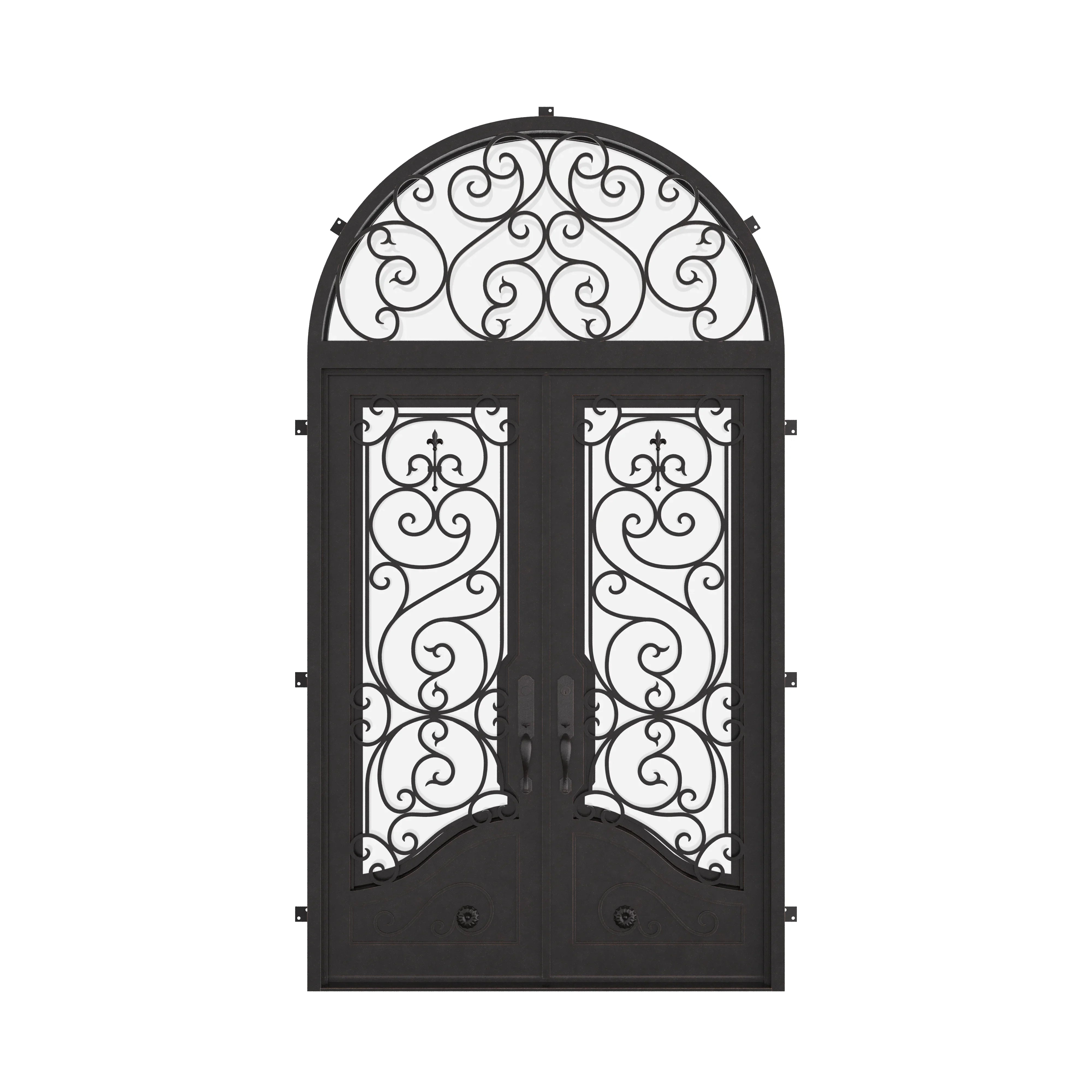 Beverly double exterior hinged door with full arch top transom in black.