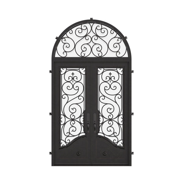 Beverly double exterior hinged door with full arch top transom in black.
