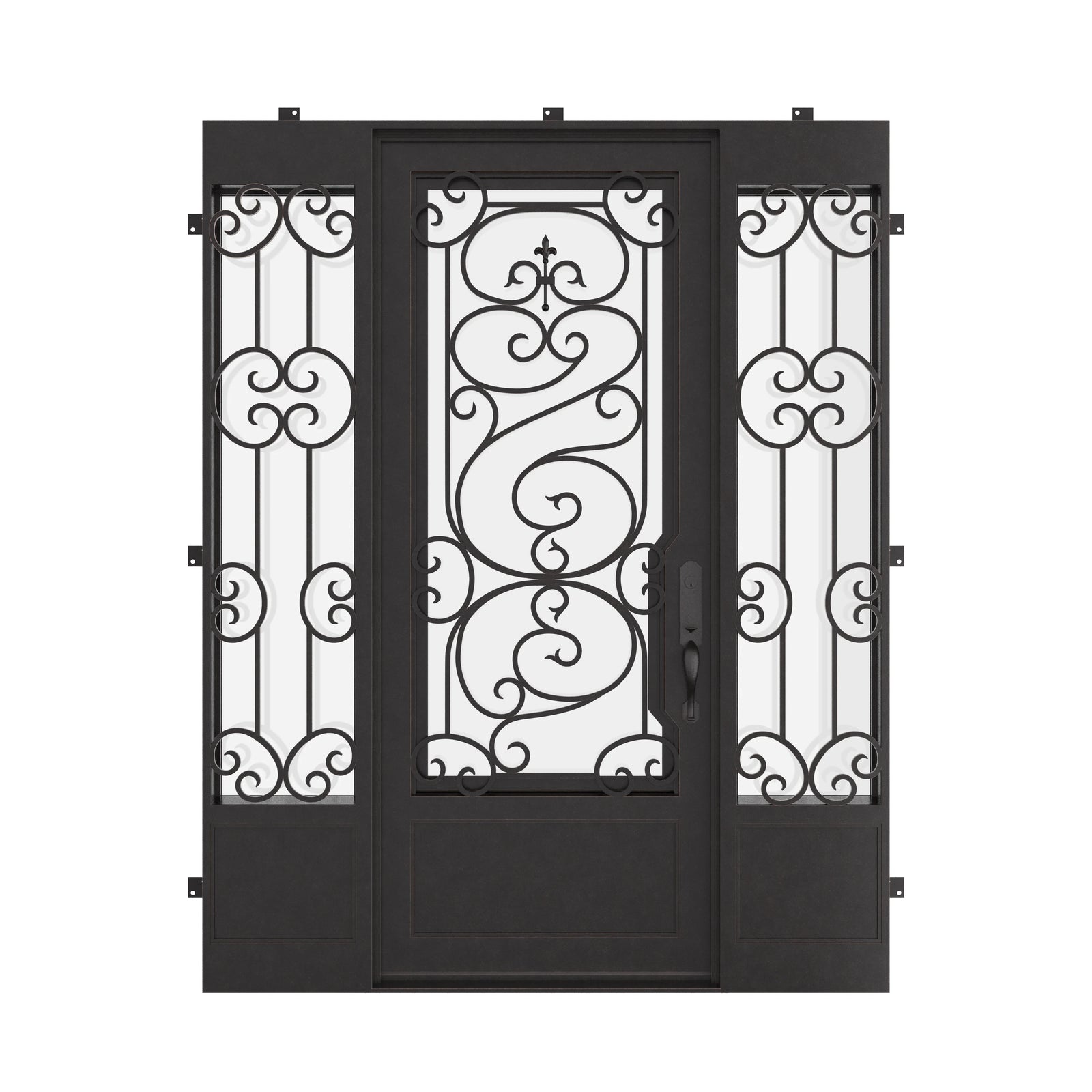 Beverly single exterior door with sidelights and intricate design in black.