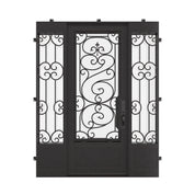 Beverly single exterior door with sidelights and intricate design in black.
