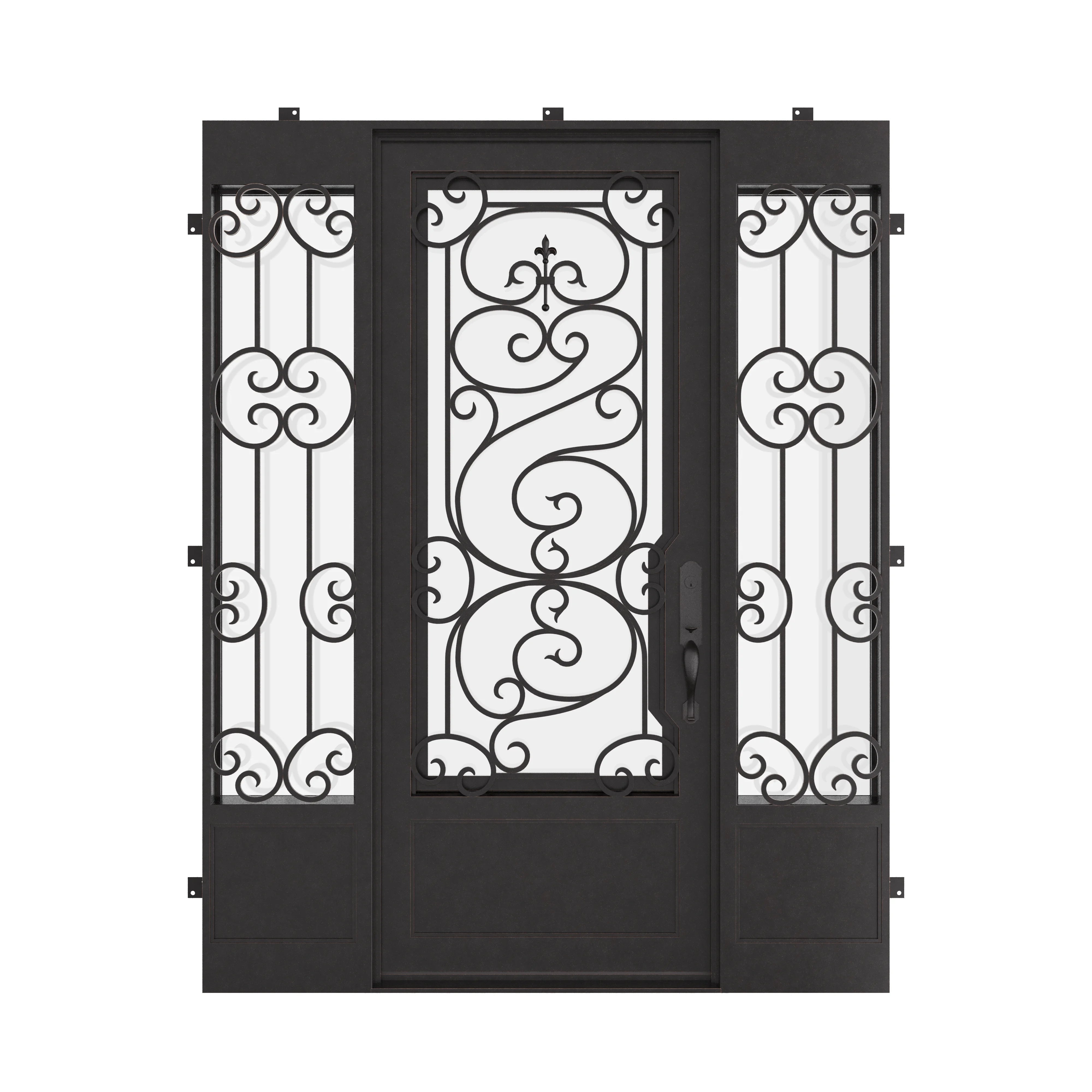 Beverly single exterior door with sidelights and intricate design in black.