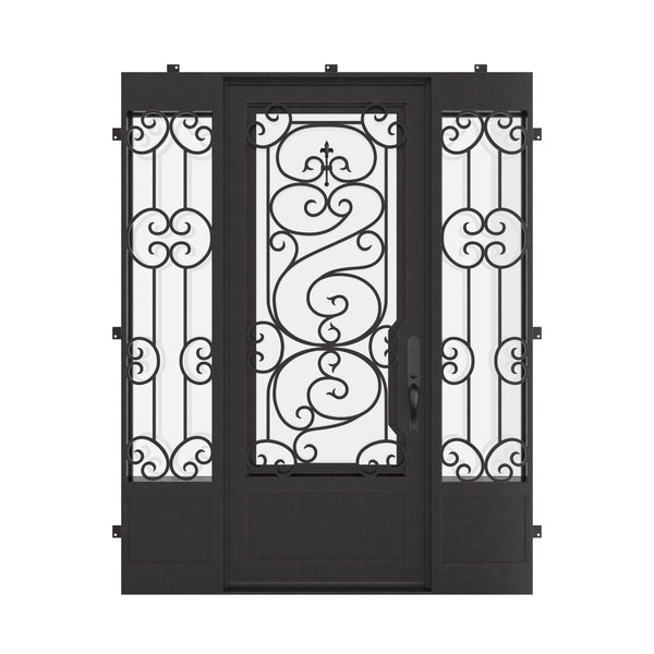 Beverly single exterior door with sidelights and intricate design in black.